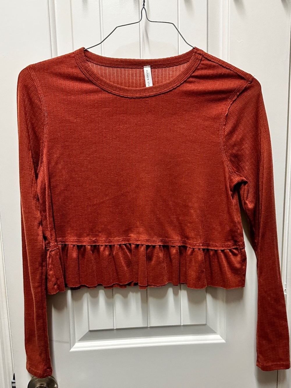 Altar'd State Rust Ruffle-Hem Cropped Long Sleeve Top